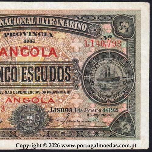 Angola, 5 Escudos 1921, Chamiço, Banco Nacional Ultramarino, Angola Pick57 - 02b