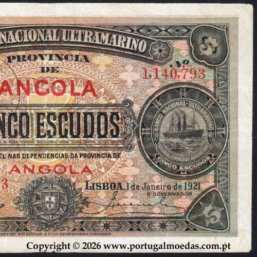 Angola, 5 Escudos 1921, 1 de janeiro 1921, Francisco de Oliveira Chamiço, Banco Nacional Ultramarino 02b