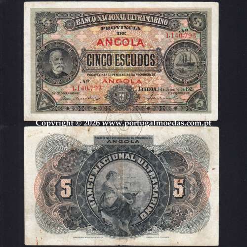 Angola, 5 Escudos 1921, 1 de janeiro 1921, Francisco de Oliveira Chamiço, Banco Nacional Ultramarino, (Circulada), Angola Pick57
