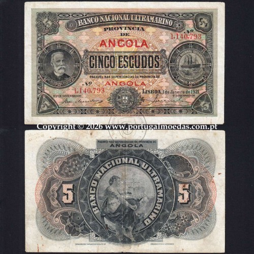 Angola, 5 Escudos 1921, Chamiço, Banco Nacional Ultramarino, Angola Pick57 - 01a