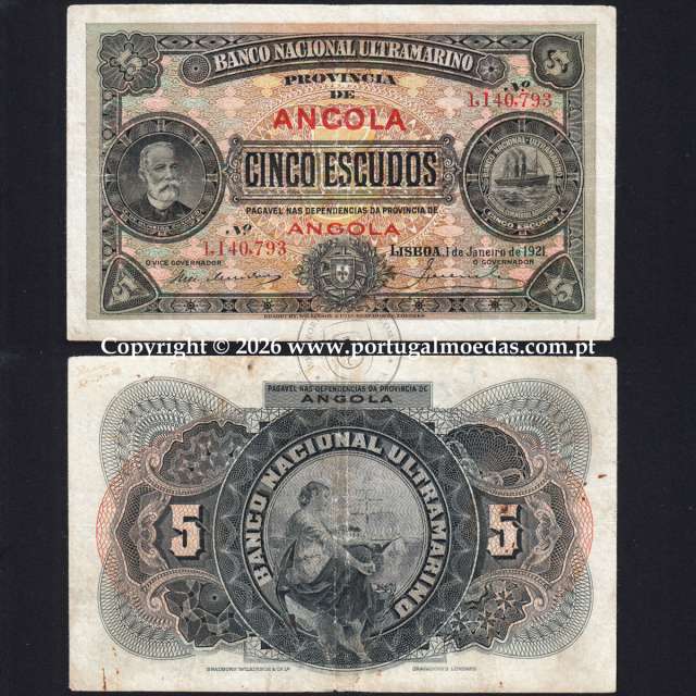 Angola, 5 Escudos 1921, 1 de janeiro 1921, Francisco de Oliveira Chamiço, Banco Nacional Ultramarino, (Circulada), Angola Pick57