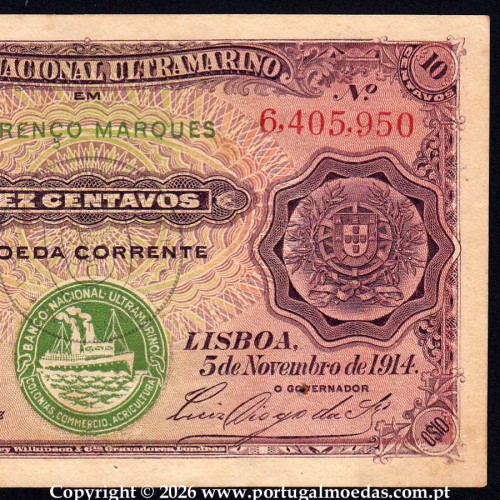 10 Centavos 1914, 5 de Novembro de 1914, Moçambique - Banco Nacional Ultramarino, Lourenço Marques -02b