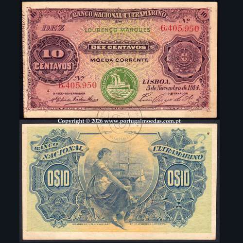 10 Centavos 1914, 5 de Novembro de 1914, Moçambique - Banco Nacional Ultramarino, Lourenço Marques, (Circulada), Pick.56