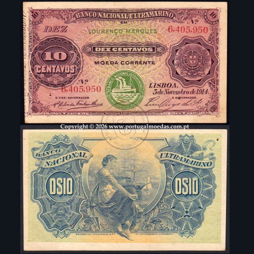 10 Centavos 1914, 5 de Novembro de 1914, Moçambique - Banco Nacional Ultramarino, Lourenço Marques, (Circulada), Pick.56