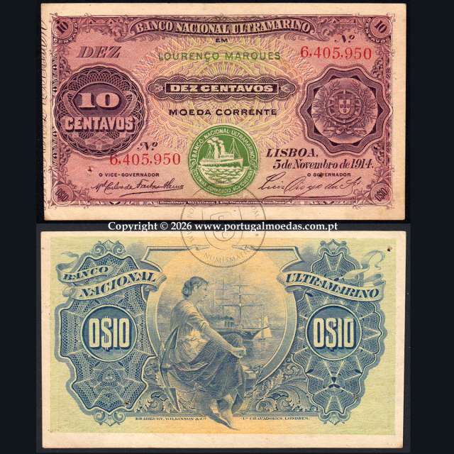 Mozambique, 10 Centavos 1914, Banco Nacional Ultramarino, Lourenço Marques, (Circulated), Mozambique Pick56