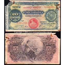 20 Centavos 1914, 5 de Novembro de 1914, Moçambique - Lourenço Marques, Banco Nacional Ultramarino, (Circulada), Pick.57