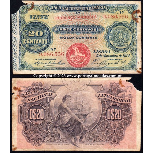20 Centavos 1914, 5 de Novembro de 1914, Moçambique - Lourenço Marques, Banco Nacional Ultramarino, (Circulada), Pick.57