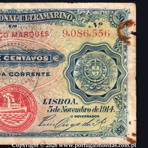 20 Centavos 1914, 5 de Novembro de 1914, Moçambique - Lourenço,  Pick.57 -02b