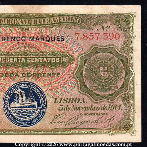Nota de 50 Centavos 1914, 5 de Novembro de 1914, Moçambique - Lourenço Marques, Banco Nacional Ultramarino, Pick.61 -02b
