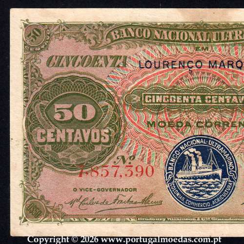 banknote of 50 Centavos 1914 (5 November 1914), Lourenço Marques by Mozambique of Banco Nacional Ultramarino, Pick61 01a