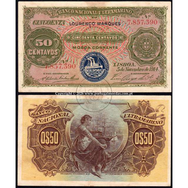 50 Centavos 1914, 5 de Novembro de 1914, Moçambique - Lourenço Marques, Banco Nacional Ultramarino, Mozambique Pick.61