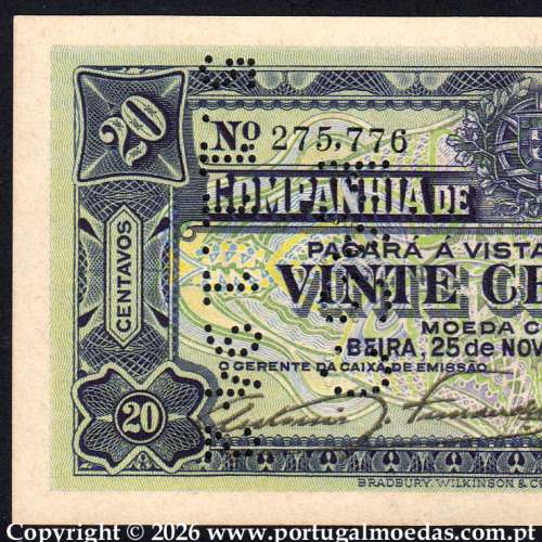 Mozambique, 20 Centavos 1933 — Mozambique Company — Beira  — Serial 275,776, (UNC), World Paper Money Pick R29 a1