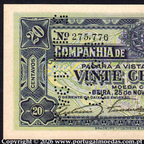 Mozambique, 20 Centavos 1933 — Mozambique Company — Beira  — Serial 275,776, (UNC), World Paper Money Pick R29 a1