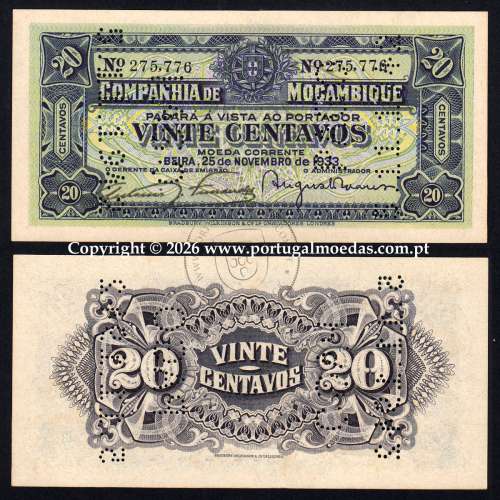 Mozambique, 20 Centavos 1933 — Mozambique Company — Beira  — Serial 275,776, (UNC), World Paper Money Pick R29