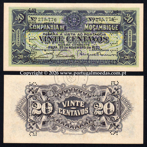 Vinte Centavos 1933 Companhia de Moçambique, 20 Centavos 25/11/1933, Nº Série 275.776 a1