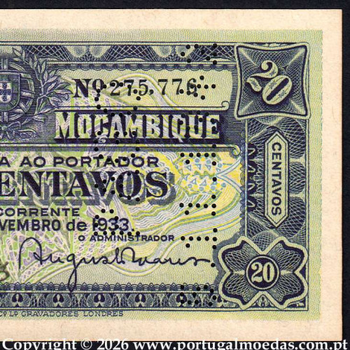 Vinte Centavos 1933 Companhia de Moçambique, 20 Centavos 25/11/1933, Nº Série 275.776 c3