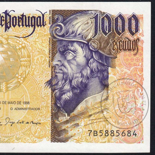1,000 Escudos note, 1998, Pedro Álvares Cabral, Series 7B5885684, Uncirculated, Pick 188