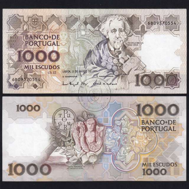 Nota 1000 Escudos 3 Março 1994 Teófilo Braga, Chapa 12, Banco de Portugal, WPM Pick 181, (QNC)