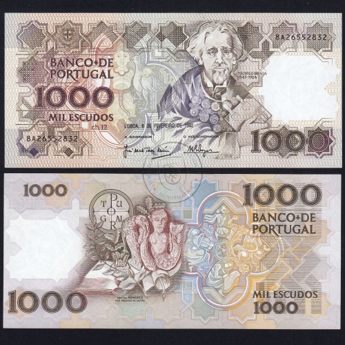 1,000 Escudos note, 6 February 1992, Teófilo Braga, Plate 12, Bank of Portugal, WPM Pick 181, (AU)