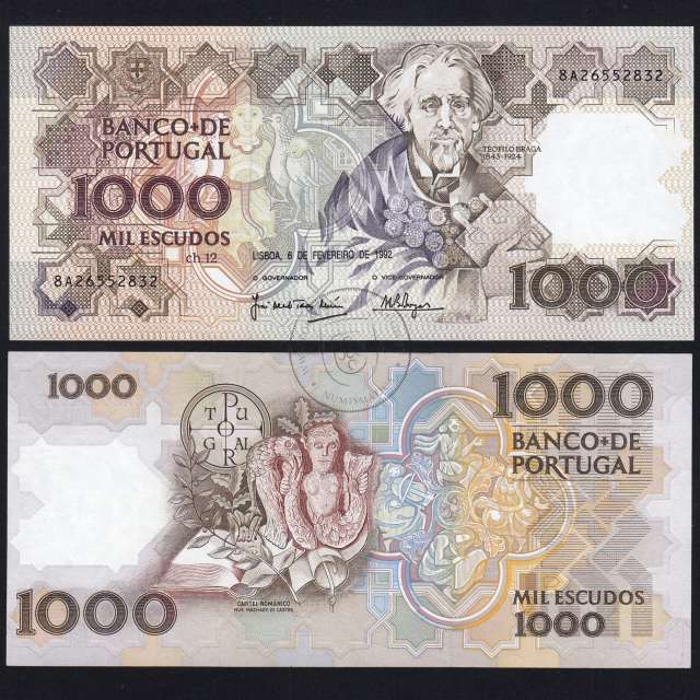 1,000 Escudos note, 6 February 1992, Teófilo Braga, Plate 12, Bank of Portugal, WPM Pick 181, (AU)
