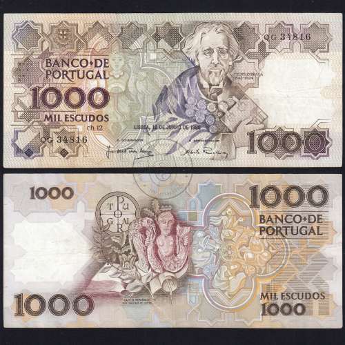 1,000 Escudos note, 12 June 1986, Teófilo Braga, Plate 12, QG 34816, Bank of Portugal, WPM Pick 181, (Circulated)