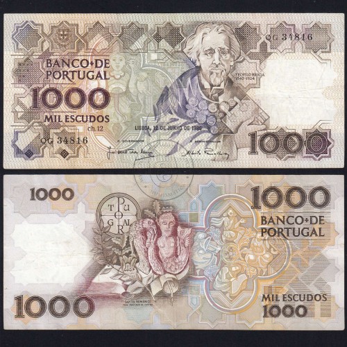 Nota 1000 Escudos 12 Junho 1986 Teófilo Braga, Chapa 12, QG 34816, Banco de Portugal, WPM Pick 181, (Circulada)