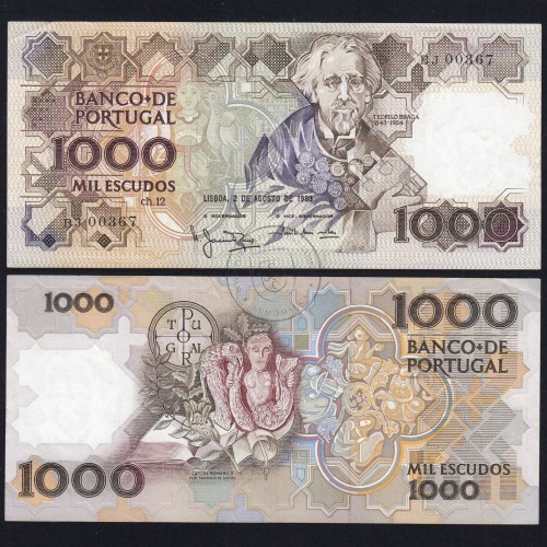 1,000 Escudos note, 2 August 1983, Teófilo Braga, Plate 12, BJ 00367, Bank of Portugal, WPM Pick 181, (Little circulated)
