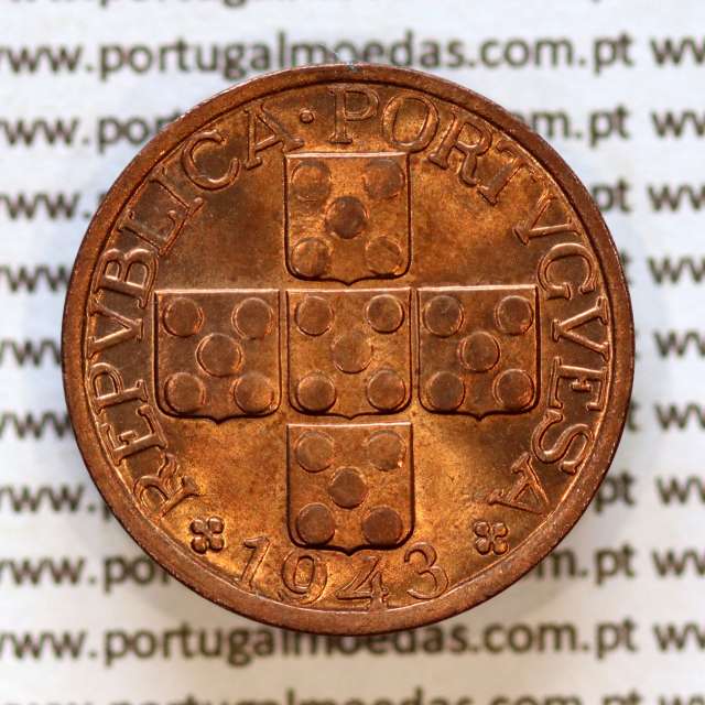 Portugal, bronze coin of 20 centavos 1943 Portuguese Republic, XX centavos 1943 Bronze (UNC), World Coins Portugal KM 584 a1