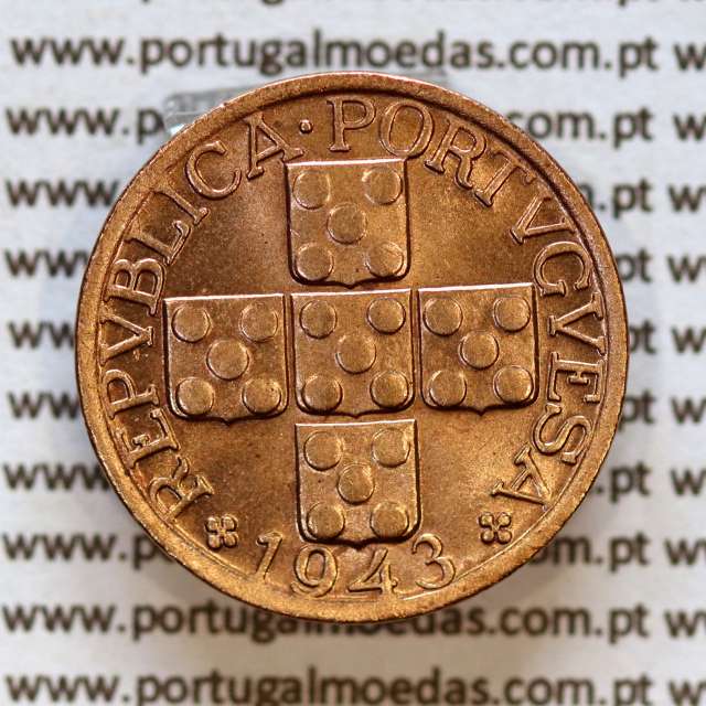 Portugal, bronze coin of 20 centavos 1943 Portuguese Republic, XX centavos 1943 Bronze (AU/UNC), World Coins Portugal KM 584 a1