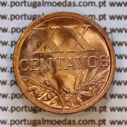 Portugal, bronze coin of 20 centavos 1944 or XX centavos 1944 Portuguese Republic, (UNC), Gomes R.16.03, World Coins KM584 b