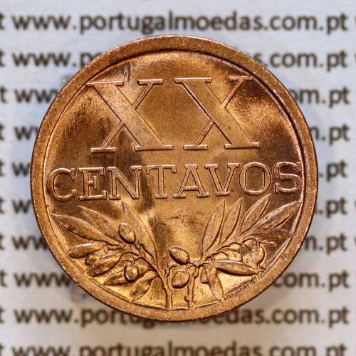 Portugal, bronze coin of 20 centavos 1944 or XX centavos 1944 Portuguese Republic, (UNC), Gomes R.16.03, World Coins KM584 d