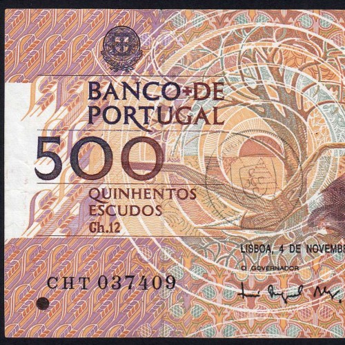 Nota de 500 Escudos 1993 Mouzinho da Silveira, CHT 037409, Chapa: 12 - Banco de Portugal (Circulada), Pick 180