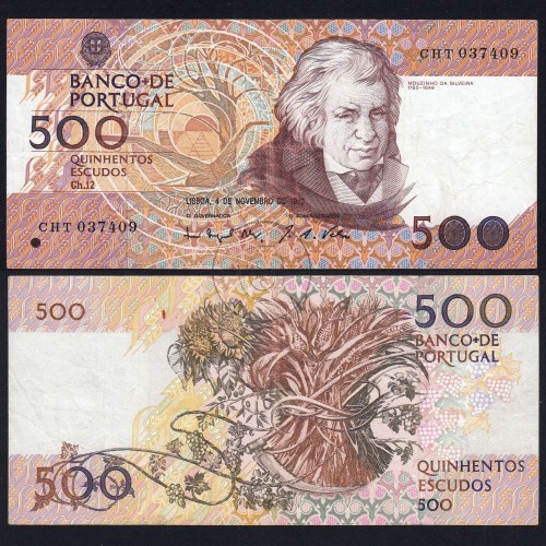 Nota de 500 Escudos 1993 Mouzinho da Silveira, CHT 037409, Chapa: 12 - Banco de Portugal (Circulada), Pick 180