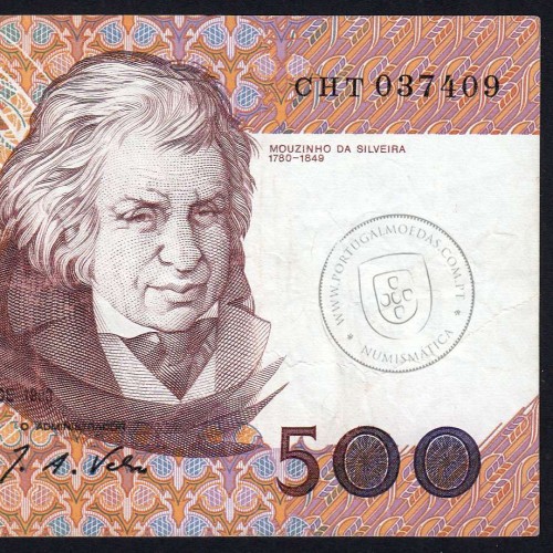 Nota de 500 Escudos 1993 Mouzinho da Silveira, CHT 037409, Chapa: 12 - Banco de Portugal (Circulada), Pick 180