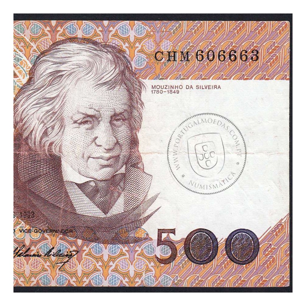 Nota de 500 Escudos 1993 Mouzinho da Silveira, Chapa: 12 - Banco de Portugal (Circulada), Pick 180