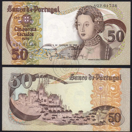 50 Escudos Banknote 1980 Infanta D. Maria, AQP 61736, Plate: 9 - Bank of Portugal (Little Circulated), Pick 174