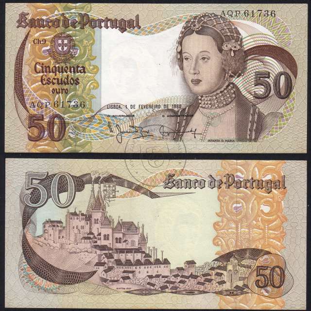 Nota de 50 Escudos 1980 Infanta D.Maria, AQP 61736, Chapa: 9 - Banco de Portugal (Pouco Circulada), Pick 174