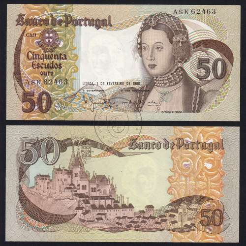 50 Escudos Banknote 1980 Infanta D. Maria, ASK 62463, Plate: 9 - Bank of Portugal (Uncirculated), Pick 174