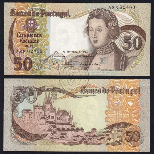 50 Escudos Banknote 1980 Infanta D. Maria, ASK 62463, Plate: 9 - Bank of Portugal (Uncirculated), Pick 174