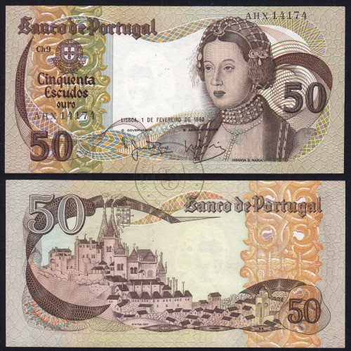 50 Escudos Banknote 1980 Infanta D. Maria, AHX 14174, Plate: 9 - Bank of Portugal (Uncirculated), Pick 174