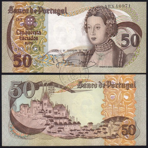 50 Escudos Banknote 1980 Infanta D. Maria, AHX 10971, Plate: 9 - Bank of Portugal (EF), Pick 174
