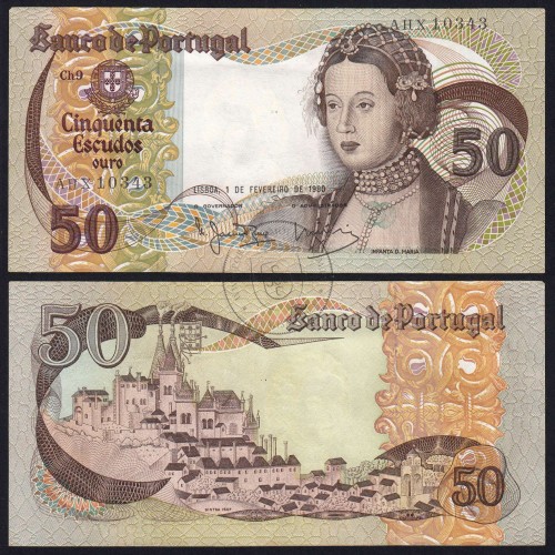 50 Escudos Banknote 1980 Infanta D. Maria, AHX 10343, Plate: 9 - Bank of Portugal (EF), Pick 174