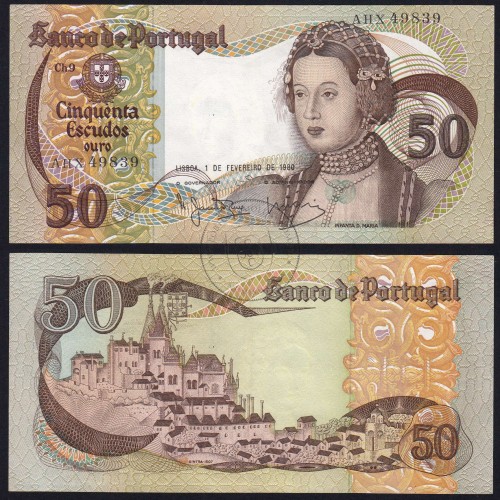 50 Escudos Banknote 1980 Infanta D. Maria, AHX 49839, Plate: 9 - Bank of Portugal (EF), Pick 174