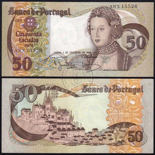 50 Escudos Banknote 1980 Infanta D. Maria, AHX 15526, Plate: 9 - Bank of Portugal (Little Circulated), Pick 174
