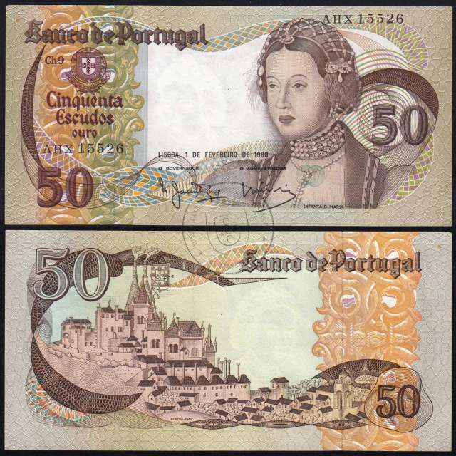 50 Escudos Banknote 1980 Infanta D. Maria, AHX 15526, Plate: 9 - Bank of Portugal (Little Circulated), Pick 174