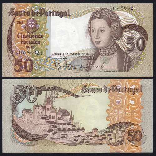 50 Escudos Banknote 1980 Infanta D. Maria, AHV 86621, Plate: 9 - Bank of Portugal (Little Circulated), Pick 174