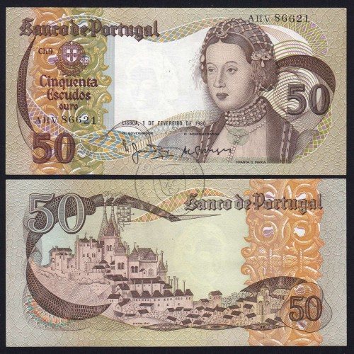 50 Escudos Banknote 1980 Infanta D. Maria, AHV 86621, Plate: 9 - Bank of Portugal (Little Circulated), Pick 174