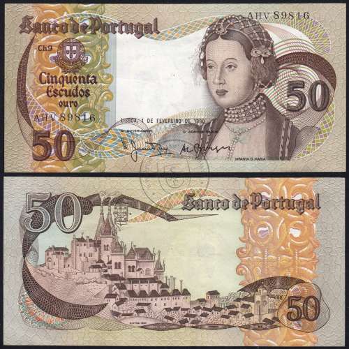50 Escudos Banknote 1980 Infanta D. Maria, AHV 89816, Plate: 9 - Bank of Portugal (Little Circulated), Pick 174