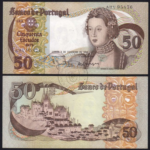 50 Escudos Banknote 1980 Infanta D. Maria, AHV 95876, Plate: 9 - Bank of Portugal (AU), Pick 174