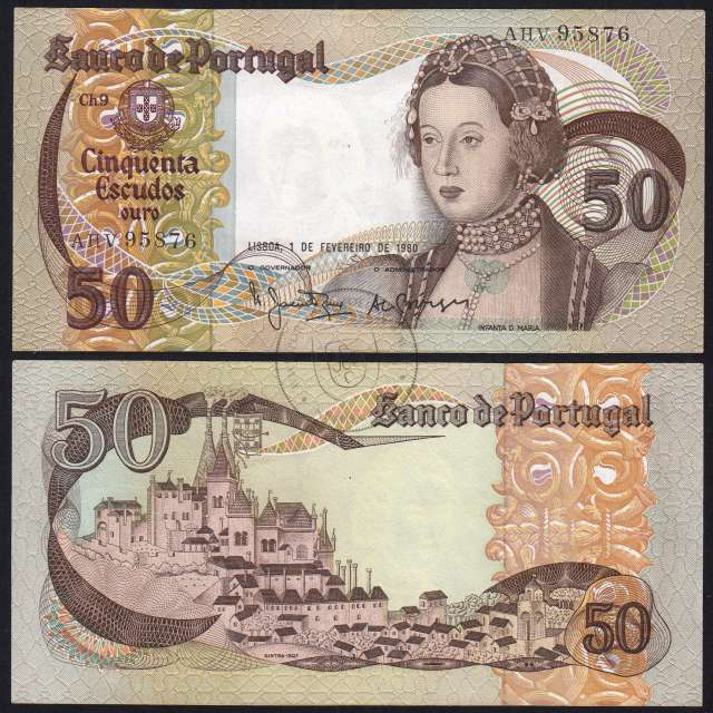 50 Escudos Banknote 1980 Infanta D. Maria, AHV 95876, Plate: 9 - Bank of Portugal (AU), Pick 174